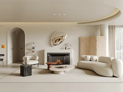 Modern Minimalist Living Room With Fireplace Round Mirror White Sofa Wooden Cabinets And Arched Doorway 3d model
