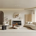 Modern Minimalist Living Room With Fireplace Round Mirror White Sofa Wooden Cabinets And Arched Doorway