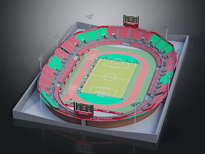 Sports Stadium Architecture with Red Green Stands Football Field Running Track Large Screens and Floodlights 3d model