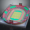 Sports Stadium Architecture with Red Green Stands Football Field Running Track Large Screens and Floodlights