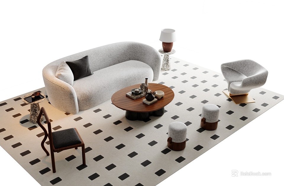Modern Living Room Sofa and Coffee Table Set With Curved Design Wooden Table Checkered Rug 3d model 