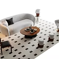 Modern Living Room Sofa and Coffee Table Set With Curved Design Wooden Table Checkered Rug