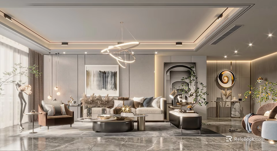 Elegant Modern Living Room Interior With Circular Chandelier Sofa And Abstract Painting 3d model 