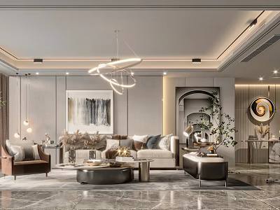 Elegant Modern Living Room Interior With Circular Chandelier Sofa And Abstract Painting 3d model