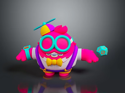 Colorful Pink Creature Cartoon Character Wearing Large Glasses Propeller Hat And Holding Blue Dice 3d model