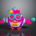 Colorful Pink Creature Cartoon Character Wearing Large Glasses Propeller Hat And Holding Blue Dice