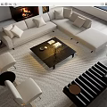 Modern L shaped Sofa And Wooden Coffee Table Set With Pillows In Living Room