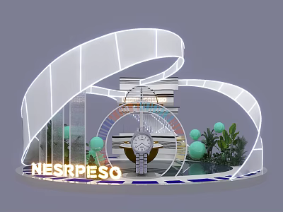 NESPRESSO Modern Display Stand With Curved White Structure Green Plants And Spheres 3d model