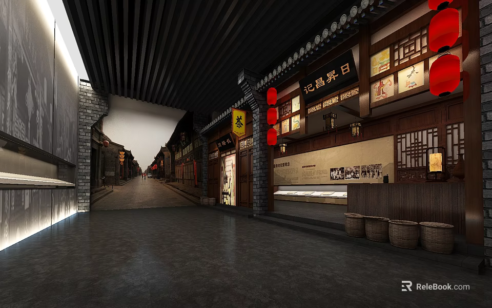 Traditional Chinese Cultural Center Featuring Ancient Street Scenery Red Lanterns Wooden Structures and Stone Pavement 3d model 