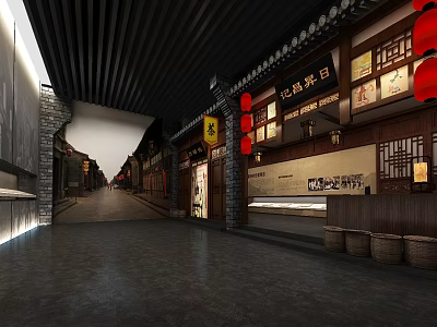 Traditional Chinese Cultural Center Featuring Ancient Street Scenery Red Lanterns Wooden Structures and Stone Pavement 3d model