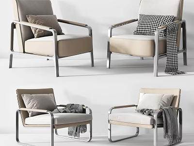 Modern Single Sofa With Metal Frame Light Colored Cushion Pillow And Blanket 3d model