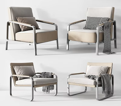 Modern Single Sofa With Metal Frame Light Colored Cushion Pillow And Blanket 3d model