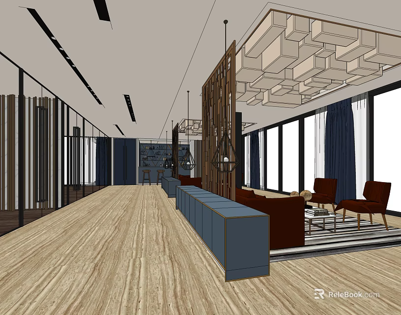 Hotel Public Lounge Area Modern Design With Comfortable Sofas Armchairs And Large Windows 3d model