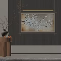 Plant Painting Plum Blossom Branch Hanging on Dark Wooden Wall with Wood Table and Apples