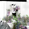Floral Decorated Stage With Purple White Flowers Green Plants And Elegant Background Design