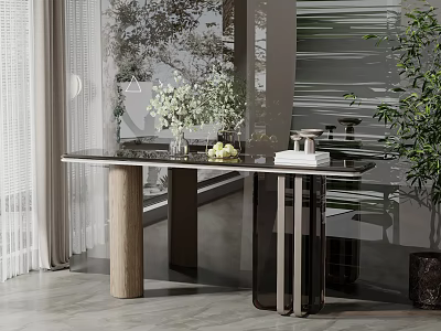 Modern Console Table Interior Design With Marble Top Flower Vase Fruits And Green Plant 3d model