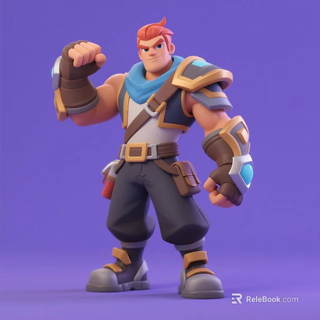 Adventurous Warrior Doll With Blue Scarf Brown Armor Shoulder Pads And Muscular Build 3d model 