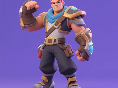 Adventurous Warrior Doll With Blue Scarf Brown Armor Shoulder Pads And Muscular Build 3d model