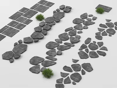 Garden Stepping Stones With Gray Natural Stones Arranged In Paths And Small Green Plants 3d model