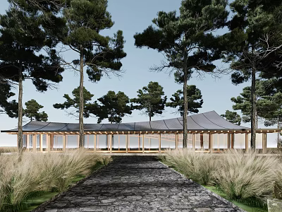 Modern Sales Office Building Surrounded By Trees With Stone Path And Grass 3d model