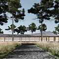 Modern Sales Office Building Surrounded By Trees With Stone Path And Grass