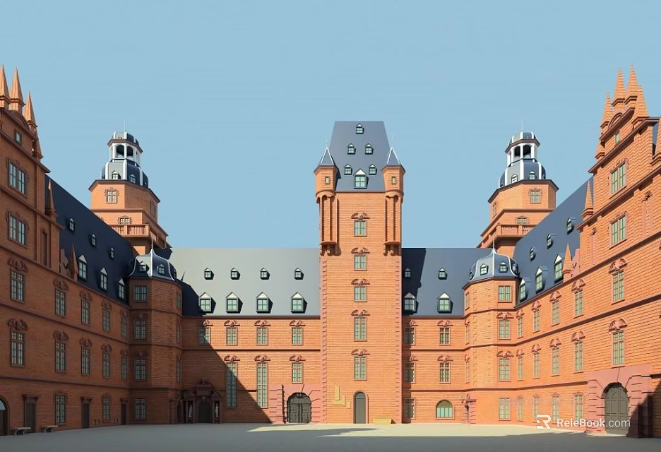 Historic Red Brick Building Featuring Symmetrical Towers And Central Courtyard Design 3d model 