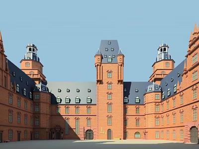 Historic Red Brick Building Featuring Symmetrical Towers And Central Courtyard Design 3d model