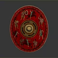 Ancient Red Shield With Golden Center And Decorative Warrior Figures Artwork Design