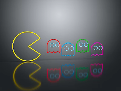 Classic Computer Game Pac-Man Featuring Yellow Character And Colorful Ghosts Neon Design With Reflection 3d model