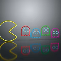 Classic Computer Game Pac-Man Featuring Yellow Character And Colorful Ghosts Neon Design With Reflection 3d model