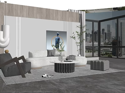 Modern Living Room Interior Design With White Sofa Round Coffee Table And City View 3d model