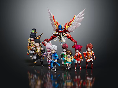 Group of Anime Style Characters and Large Winged Creature Detailed Vibrant Figurines 3d model