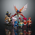 Group of Anime Style Characters and Large Winged Creature Detailed Vibrant Figurines
