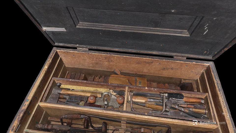 Open Vintage Wooden Toolbox With Various Hardware Tools And Accessories Inside 3d model