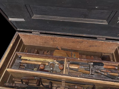 Open Vintage Wooden Toolbox With Various Hardware Tools And Accessories Inside 3d model