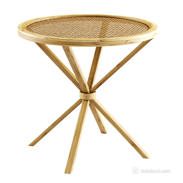 Natural Bamboo Side Table With Round Woven Top And Crossed Legs Design 3d model 