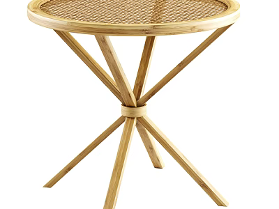 Natural Bamboo Side Table With Round Woven Top And Crossed Legs Design 3d model