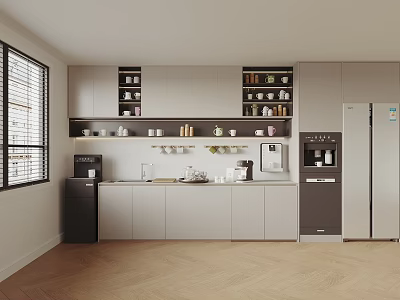 Pantry Interior With White Cabinets Shelves Various Cups Jars Coffee Machine Refrigerator Herringbone Wooden Floor 3d model