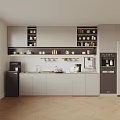Pantry Interior With White Cabinets Shelves Various Cups Jars Coffee Machine Refrigerator Herringbone Wooden Floor