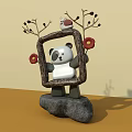 Interactive Area With Panda Holding Frame Decorated By Branches And Flowers On Stone Base