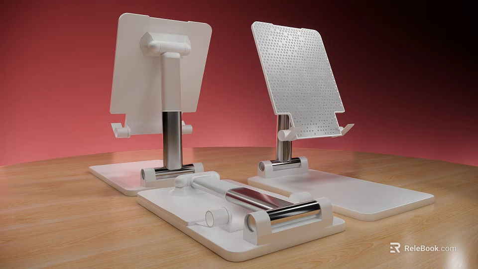 White Perforated Phone Stands With Metal Poles And Base Accessories On Wooden Tabletop 3d model 