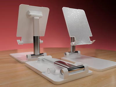 White Perforated Phone Stands With Metal Poles And Base Accessories On Wooden Tabletop 3d model