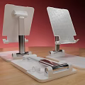White Perforated Phone Stands With Metal Poles And Base Accessories On Wooden Tabletop