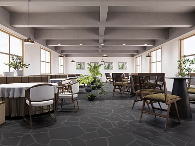 Modern Restaurant Interior With Wooden Tables Chairs Plants And Large Windows 3d model