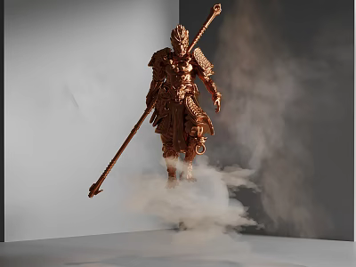 Decorative Ornament Set With Golden Warrior Figurine Holding Long Staff And Smoke Effect 3d model