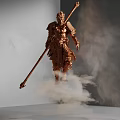 Decorative Ornament Set With Golden Warrior Figurine Holding Long Staff And Smoke Effect