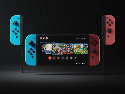 Nintendo Switch Entertainment Console Featuring Blue and Red Controllers Game Display Screen 3d model
