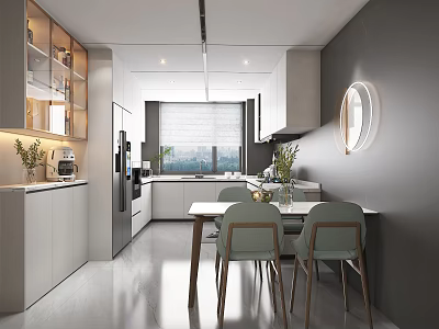 Modern Restaurant Kitchen With White Gray Cabinets Dining Table Green Chairs Plants And Round Mirror 3d model