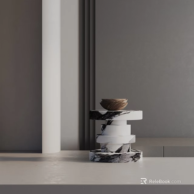 Modern Stacked Marble Side Table With Wooden Bowl In Interior 3d model 