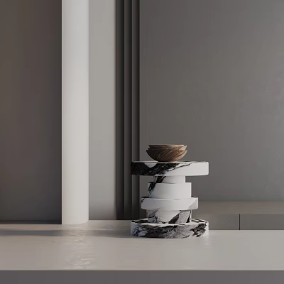 Modern Stacked Marble Side Table With Wooden Bowl In Interior 3d model